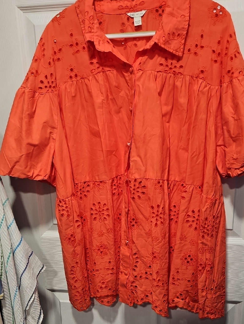 Cato Bright Orange Eyelet Button-Front Blouse